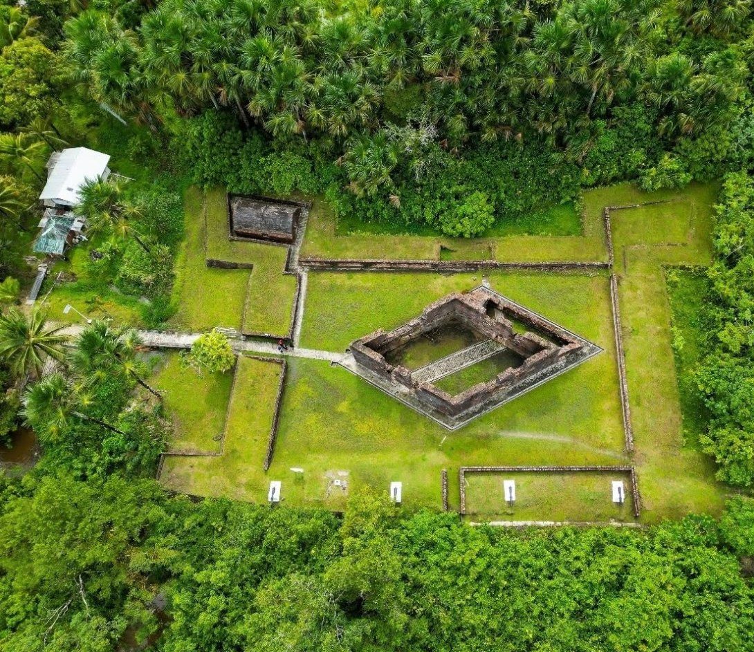 Aerial view of historic ruins at Malali Reservation, Guyana